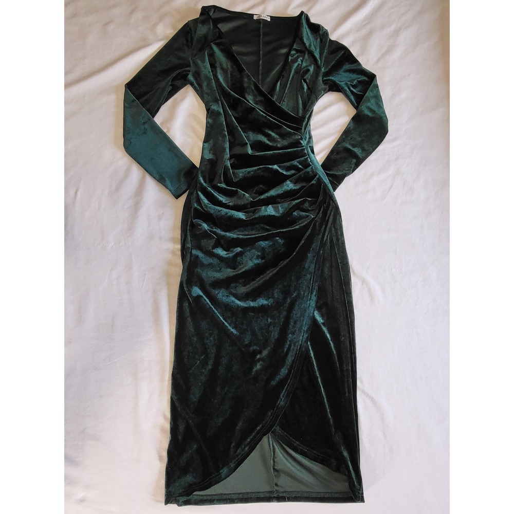 Dirass Womens Emerald Green Velvet Ruched Wrap V-Neck Long Sleeve Midi Dress M
